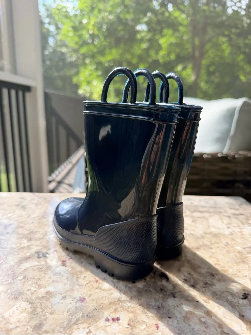 Kids Glossy Navy Rain Boots with Easy Pull Loops